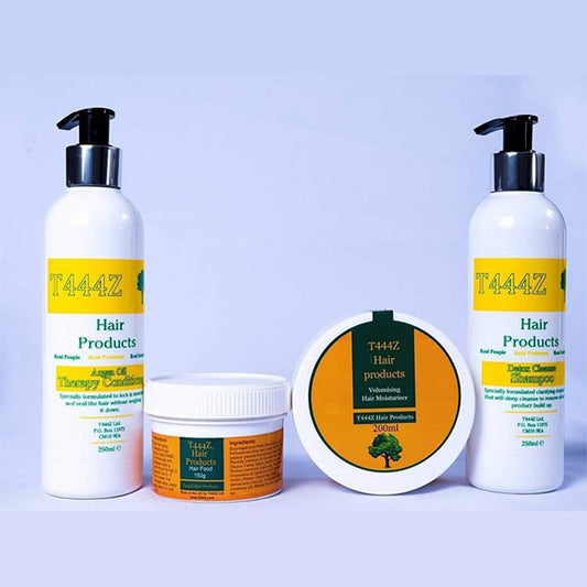 A top-ranking image description for these hair care products could be: "Boost your hair health with T444Z Argan Oil Therapy Conditioner, Detox Cleanse Shampoo, Hair Food, and Volumizing Hair Moisturizer from our online store. Transform your Hair with these nourishing products designed to promote growth, cleanse impurities, hydrate strands, and add volume. Shop now for the ultimate in hair care solutions!"